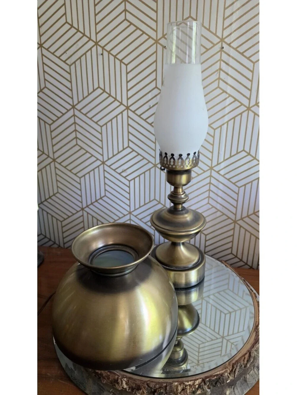 Vintage 3Pc Antiqued Brass Hurricane Parlor Table Lamp Glass Chimney- 3 Way GWTW
